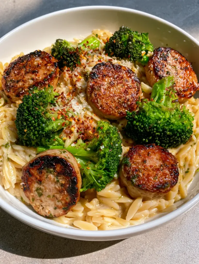 One-Pot Chicken Sausage Orzo with Steamed Broccoli and Creamy Parmesan 2 Close up of glossy orzo pasta and vibrant steamed broccoli florets in a One-Pot Chicken Sausage Orzo recipe.
