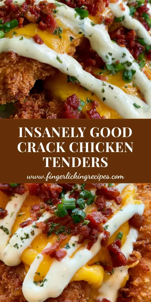 A handheld plate of crispy Crack Chicken Tenders topped with melted cheddar cheese, crispy bacon bits, and a ranch drizzle.