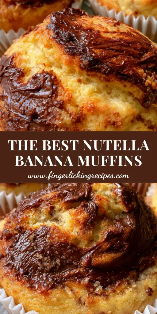 A close-up of freshly baked Nutella Banana Muffins in white paper liners on a grey stone countertop, featuring golden batter and dark chocolate swirls.