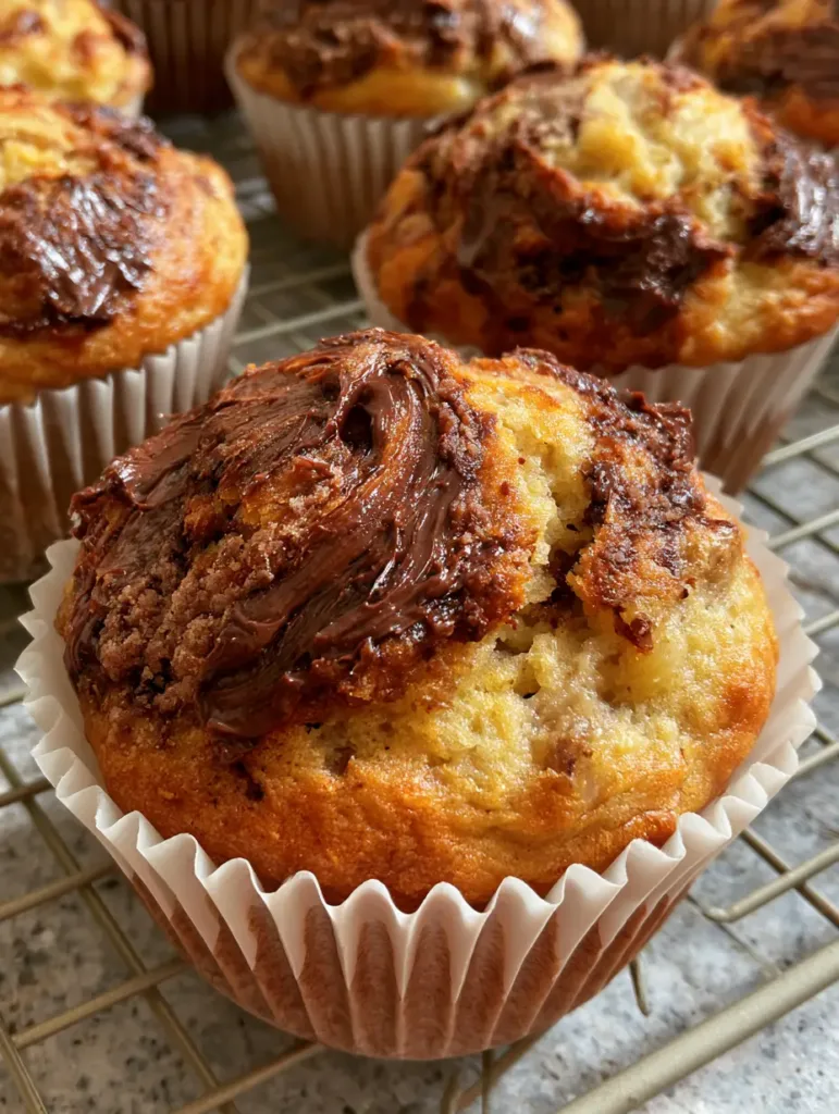 Top-down view of Nutella Banana Muffins on a wire cooling rack with visible banana bits and glossy Nutella swirls.