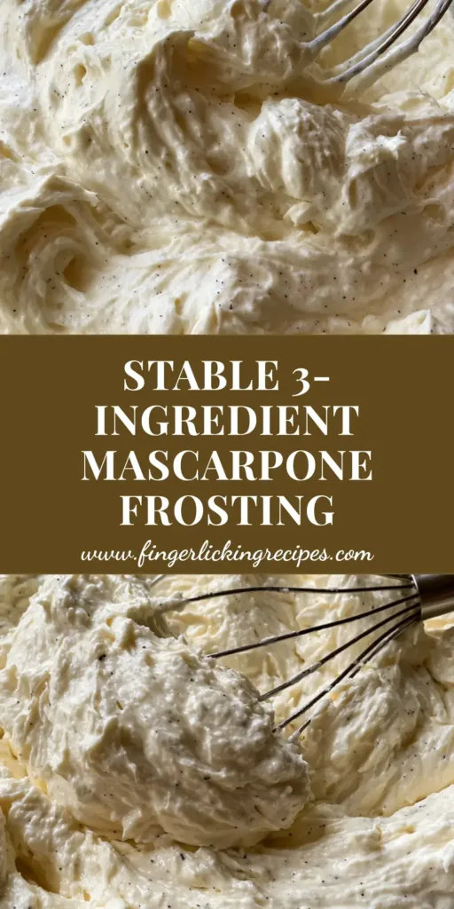 A thick dollop of ivory Mascarpone Frosting with vanilla bean specks clinging to a stainless steel whisk in a glass bowl. (Mascarpone Frosting)