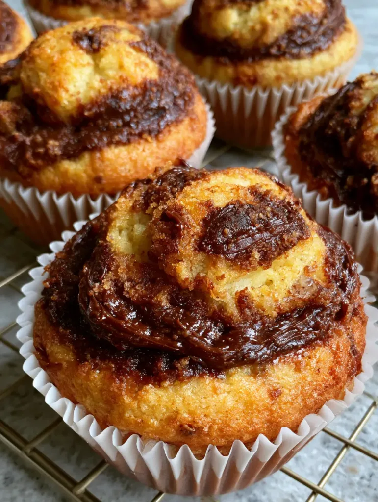 Slightly angled shot of moist banana muffins with chocolate-brown Nutella swirled across the domed surface.