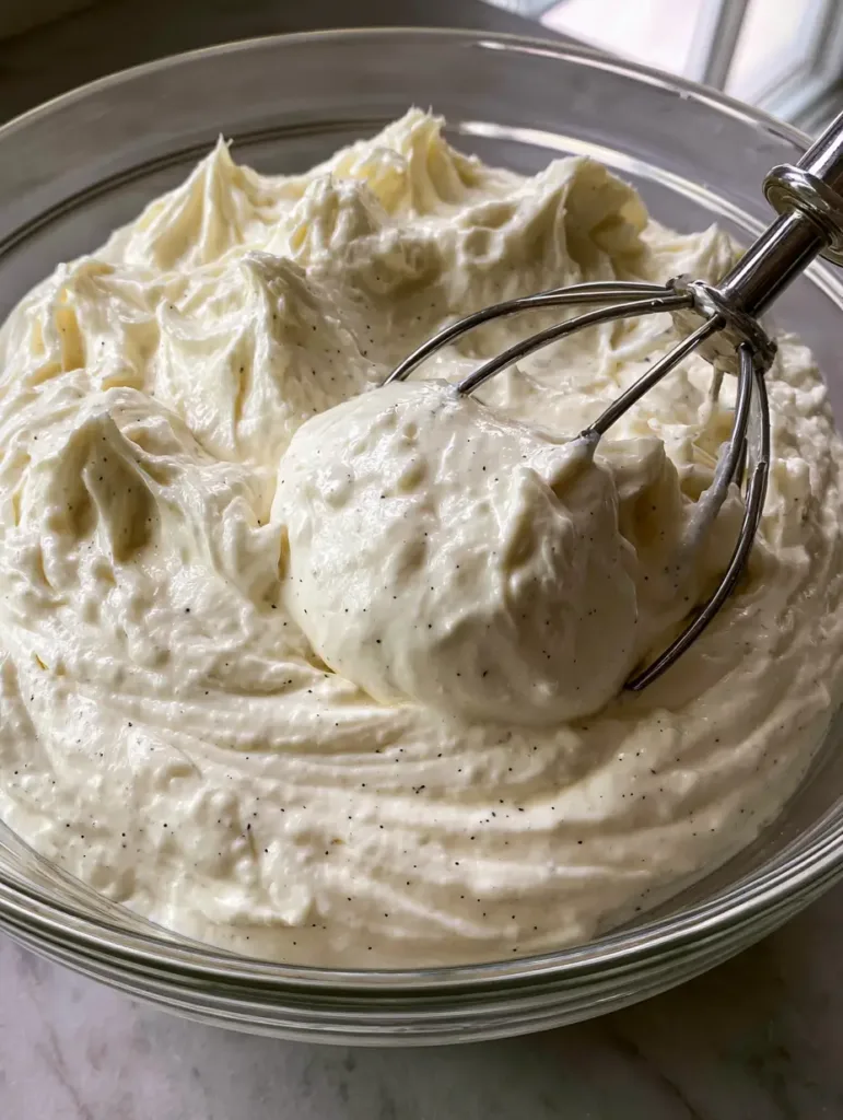 Whipped mascarpone frosting in a glass bowl showing a smooth, velvety ivory texture and visible vanilla bean specks. (Mascarpone Frosting)