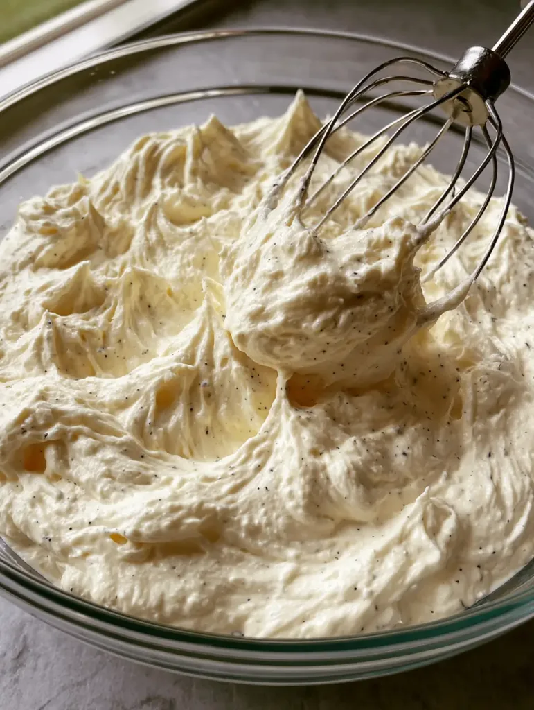 A stainless steel whisk resting in a bowl of thick mascarpone frosting with stable peaks and natural lighting. (Mascarpone Frosting)