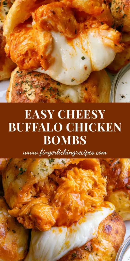Close-up of golden-brown Buffalo Chicken Bombs on a white plate, one pulled apart to show shredded chicken, orange sauce, and stretchy mozzarella cheese. (Buffalo Chicken Bombs)