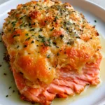 Parmesan Crusted Salmon with Toasted Panko and Lemon Butter Sauce Close up shot of a Parmesan Crusted Salmon fillet showing the thick, uneven crunchy Panko crust and vibrant pink interior.