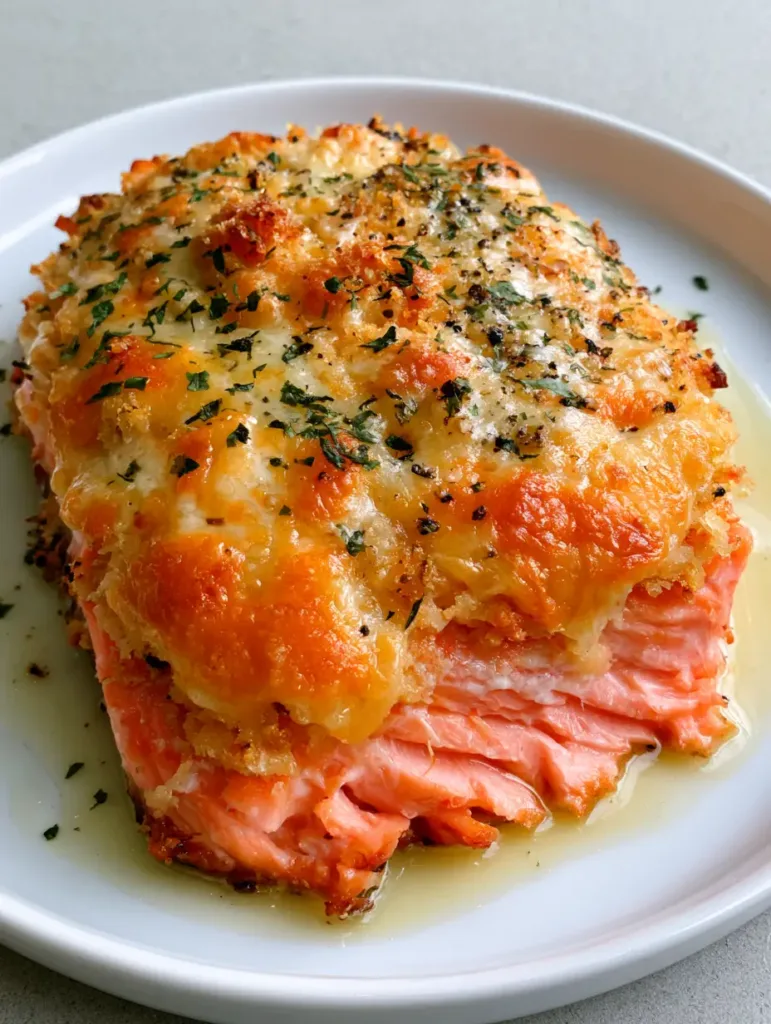 Close up shot of a Parmesan Crusted Salmon fillet showing the thick, uneven crunchy Panko crust and vibrant pink interior.