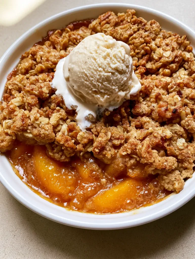 A rustic view of the heavy oatmeal crumble layer on a Peach Cobbler with Oatmeal Crumble.