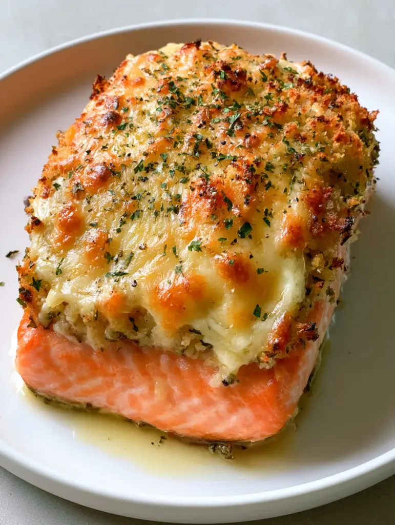 A side view of the baked salmon showing the lemon butter sauce pooling on a white ceramic plate with a neutral gray background.