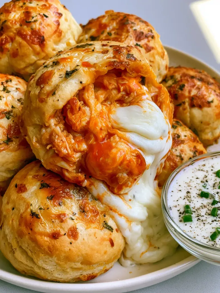 A smartphone photo of flaky, buttery buffalo chicken bombs arranged on a ceramic plate. (Buffalo Chicken Bombs)