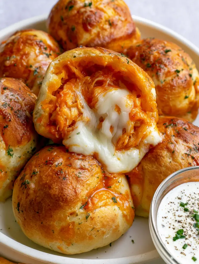Detailed shot of the vibrant orange buffalo chicken filling and melted white mozzarella inside a biscuit bomb.