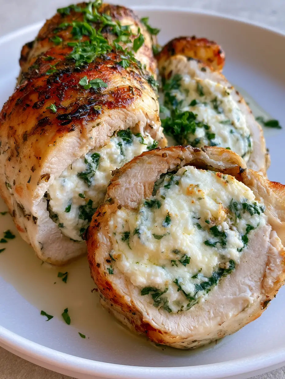 Herbed Ricotta Stuffed Chicken Rolls with Golden Pan-Seared Perfection 4 A handheld smartphone photo of golden-brown Herbed Ricotta Stuffed Chicken Rolls on a white ceramic plate with clear pan juices and fresh parsley.