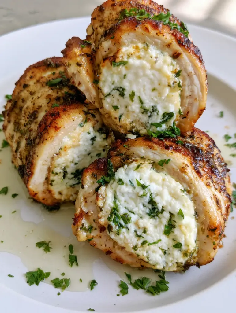 Herbed Ricotta Stuffed Chicken Rolls with Golden Pan-Seared Perfection 2 Slices of Herbed Ricotta Stuffed Chicken Rolls showing the dense ricotta and herb filling with a drizzle of pan juices.