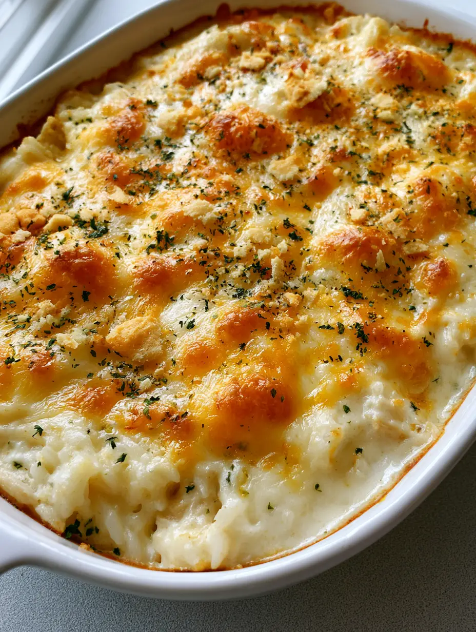 Million Dollar Chicken and Rice: The Ultimate Creamy Comfort Food Casserole 4 Overhead view of Million Dollar Chicken and Rice with melted mozzarella and toasted cheddar spots in a white dish.