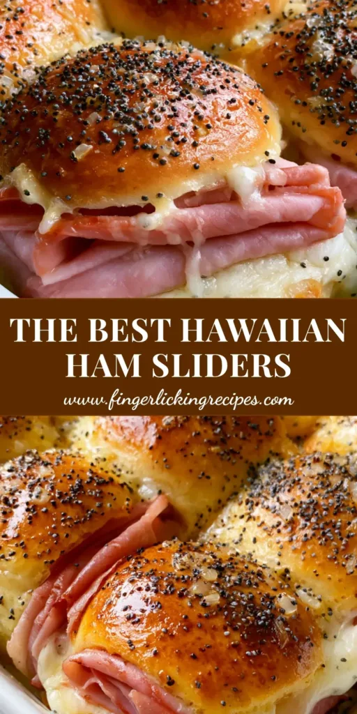 Hawaiian Ham and Cheese Sliders: The Ultimate Buttery Baked Party App 5 Twelve golden-brown Hawaiian Ham and Cheese Sliders in a white ceramic dish, showing melted Swiss cheese and a glossy poppy seed glaze.
