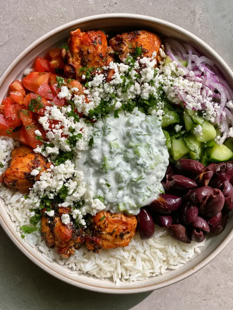 Chicken Gyro Bowls: The Ultimate Mediterranean Meal Prep Solution 2 Close up view of the seared chicken and feta cheese in a Chicken Gyro Bowl.