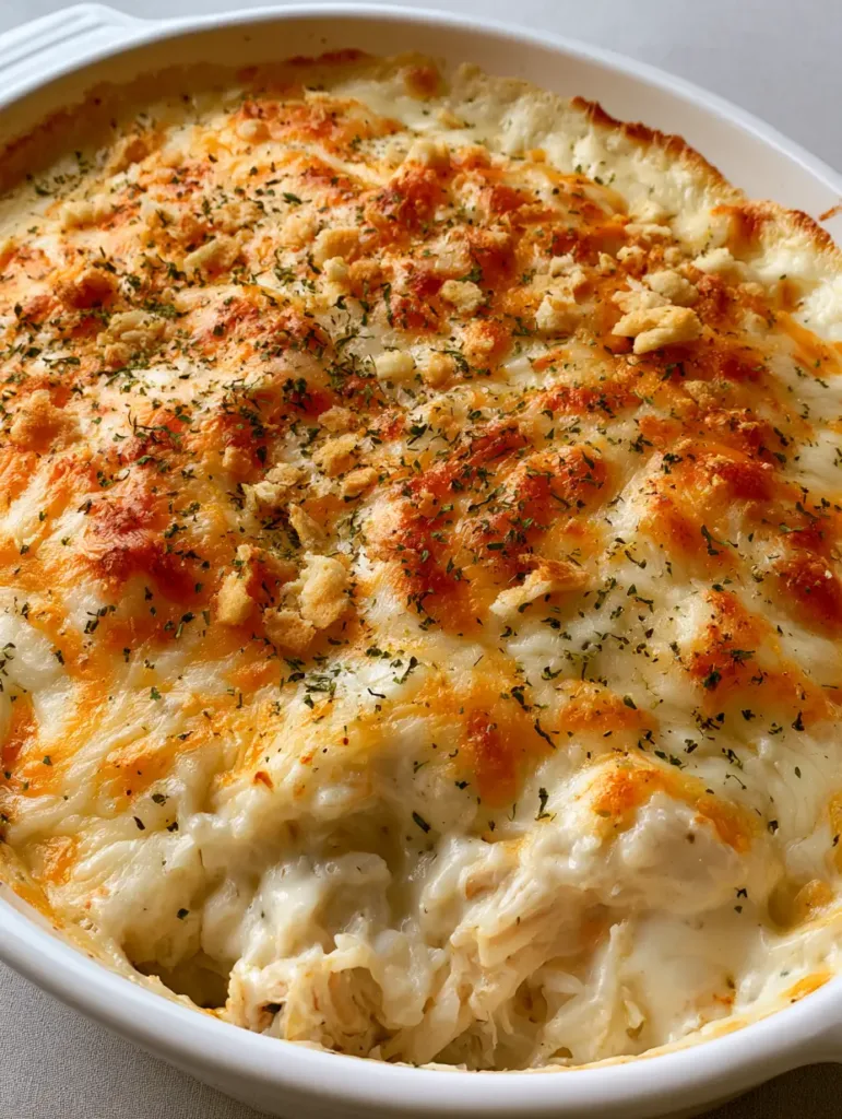 Million Dollar Chicken and Rice: The Ultimate Creamy Comfort Food Casserole 2 Close-up of the caramelized edges and crushed cracker topping of the Million Dollar Chicken and Rice.