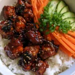 Korean BBQ Chicken Bowls with Sticky Mahogany Glaze and Fresh Slaw A close-up overhead shot of a white ceramic bowl filled with Korean BBQ Chicken Bowls showing charred chicken edges and glossy sauce.