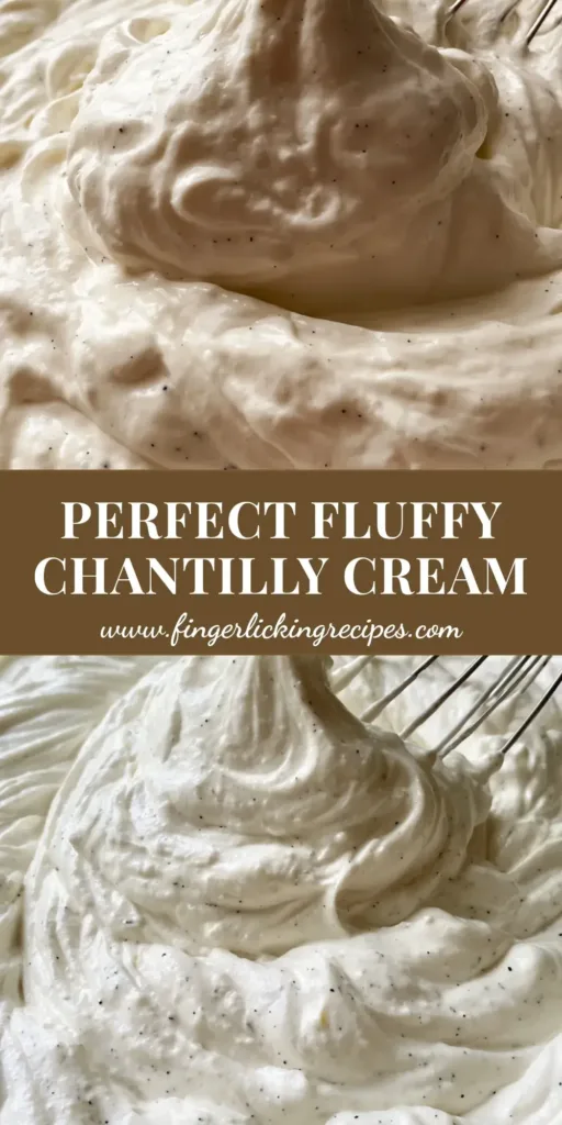 Chantilly Cream Recipe: The Ultimate Guide to Velvety Vanilla Whipped Cream 5 A tall Pinterest-style graphic showing a glass bowl of Chantilly Cream Recipe with a whisk lifting a soft peak and visible vanilla beans.