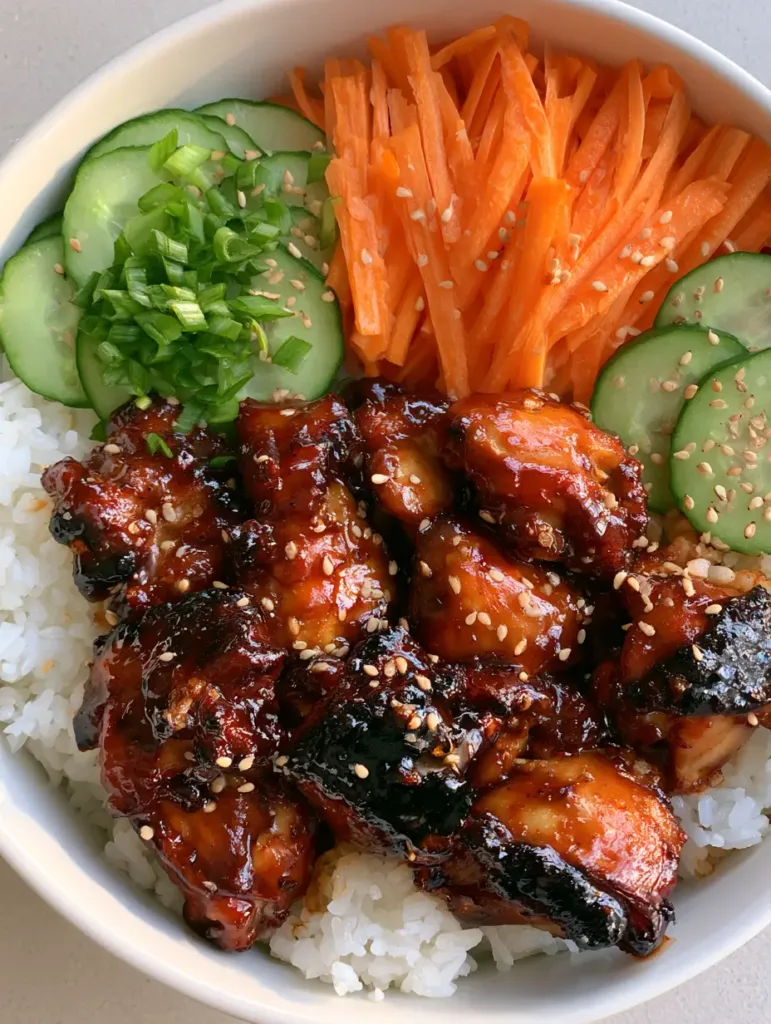 Detailed shot of julienned carrots and sliced cucumbers in a Korean BBQ Chicken Bowl garnished with sesame seeds.