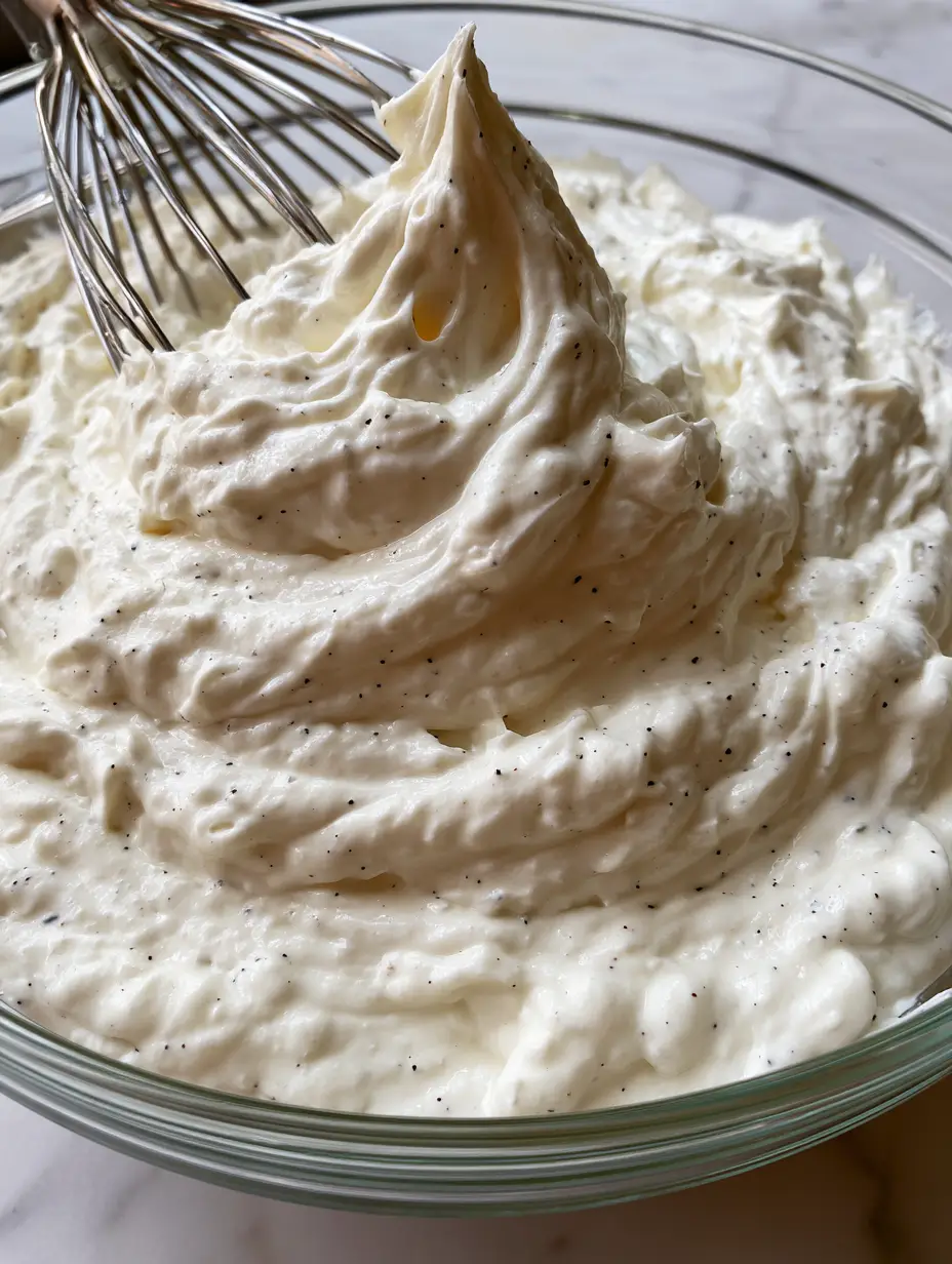 Chantilly Cream Recipe: The Ultimate Guide to Velvety Vanilla Whipped Cream 4 Close-up of thick, velvety white Chantilly cream in a glass bowl with black vanilla bean specks. (Chantilly Cream Recipe)