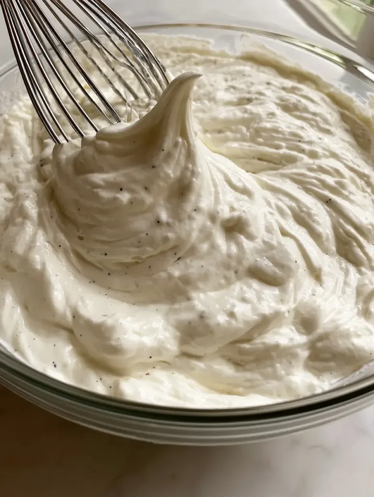 Chantilly Cream Recipe: The Ultimate Guide to Velvety Vanilla Whipped Cream 2 Stainless steel whisk lifting a soft, structured peak of glossy whipped cream from a clear glass bowl. (Chantilly Cream Recipe)