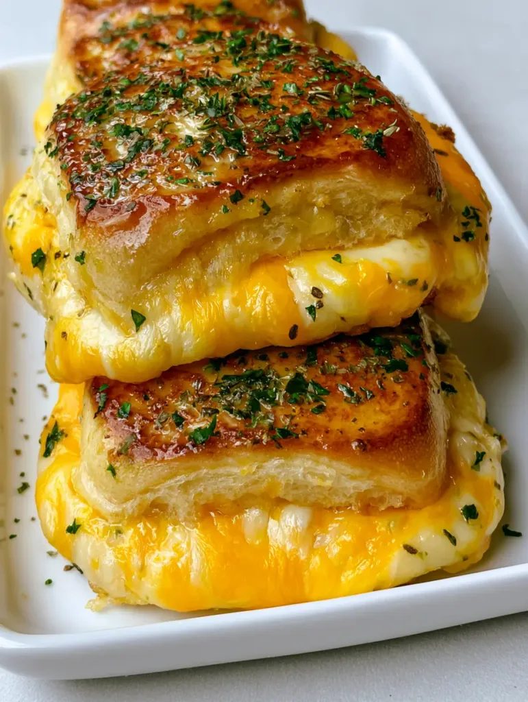 Detailed close-up of toasted golden brown Mini Grilled Cheese Hawaiian Rolls with visible garlic butter sheen and parsley garnish.