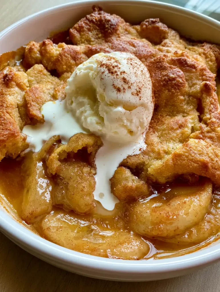 Southern Banana Cobbler: The Ultimate Warm and Caramelized Comfort Dessert 2 Close-up of the rustic golden-brown cakey crust of a Southern Banana Cobbler with melting vanilla ice cream dripping into the cracks.