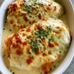 A handheld smartphone photo showing two large golden-seared chicken breasts smothered in glossy sour cream sauce. (Sour Cream Chicken)