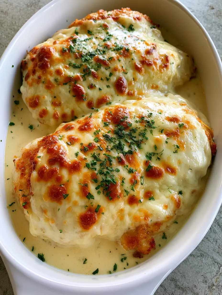 Sour Cream Chicken with Bubbly Toasted Mozzarella 5 A handheld smartphone photo showing two large golden-seared chicken breasts smothered in glossy sour cream sauce. (Sour Cream Chicken)