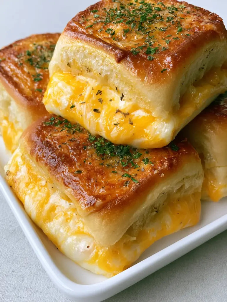 Side view of Mini Grilled Cheese Hawaiian Rolls showing the thick gooey layer of melted yellow cheddar and white Monterey Jack.
