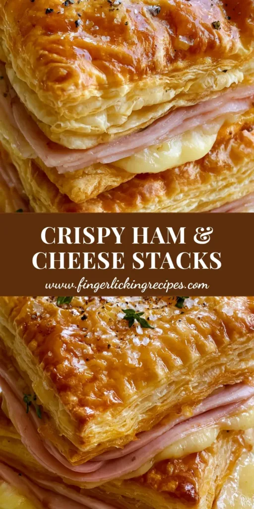 A stack of three square Ham and Cheese Puff Pastry sandwiches on a white plate, showing golden flaky layers and melted Gruyere.