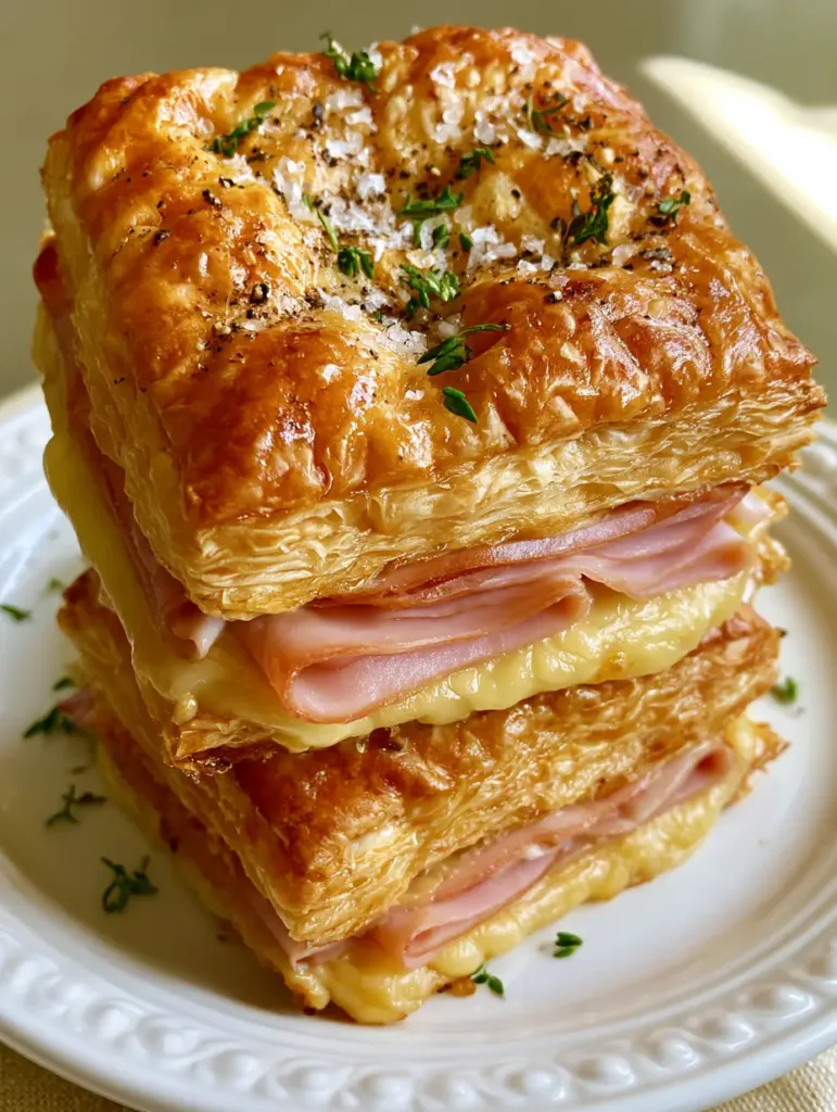 Close up of Ham and Cheese Puff Pastry with visible steam, melted pale-yellow Gruyere, and fresh thyme leaves.