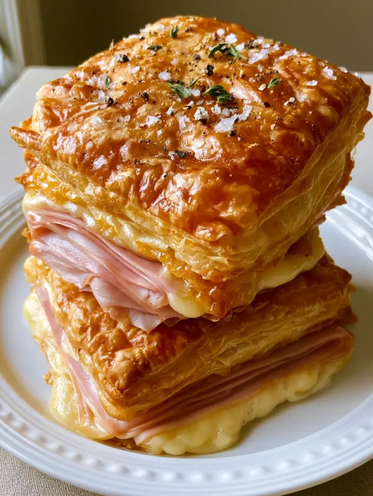 Smartphone photo of three square ham and cheese puff pastries stacked on an embossed white ceramic plate.