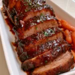 Close-up of sliced Coca-Cola Pork Loin showing the moist interior and glossy mahogany glaze.