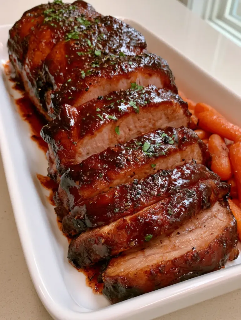 Coca-Cola Pork Loin with a Sticky Mahogany Glaze and Roasted Carrots 3 Close-up of sliced Coca-Cola Pork Loin showing the moist interior and glossy mahogany glaze.