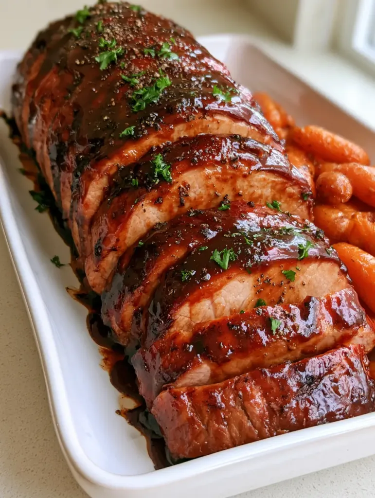 Coca-Cola Pork Loin with a Sticky Mahogany Glaze and Roasted Carrots 2 A white rectangular platter featuring sliced Coca-Cola Pork Loin garnished with parsley and cracked pepper next to roasted carrots.