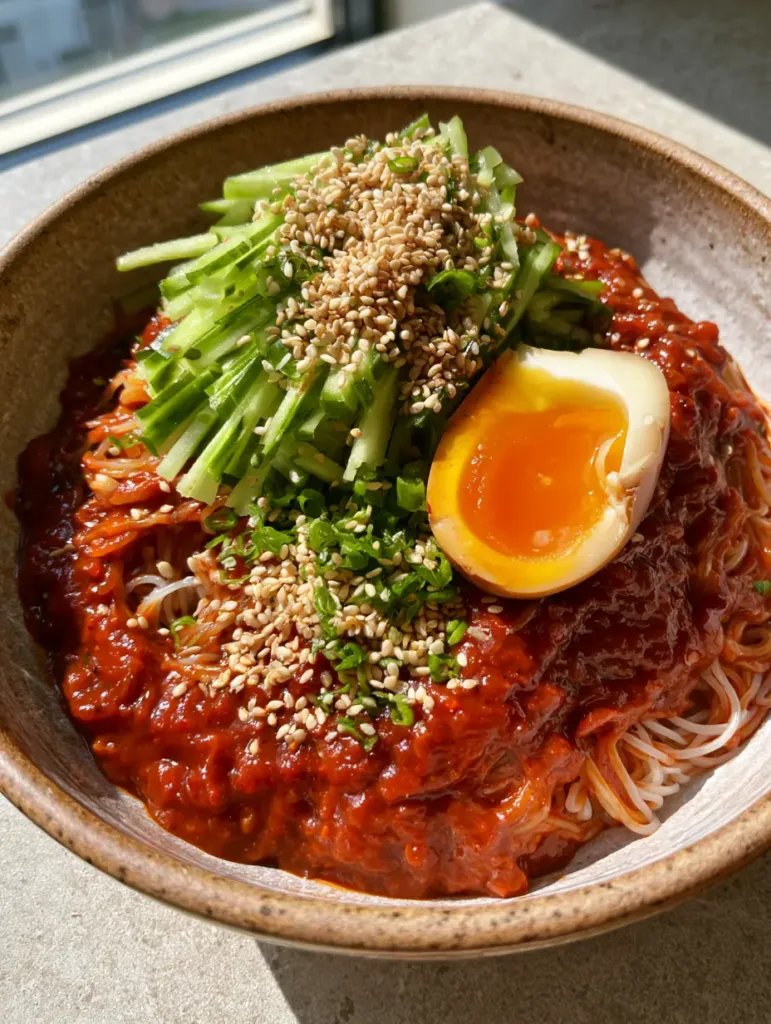 Bibim Guksu: The Ultimate Spicy Korean Cold Noodle Recipe 3 A handheld smartphone photo of Bibim Guksu in a rustic bowl on a stone countertop with a bright jammy yolk. (Bibim Guksu)