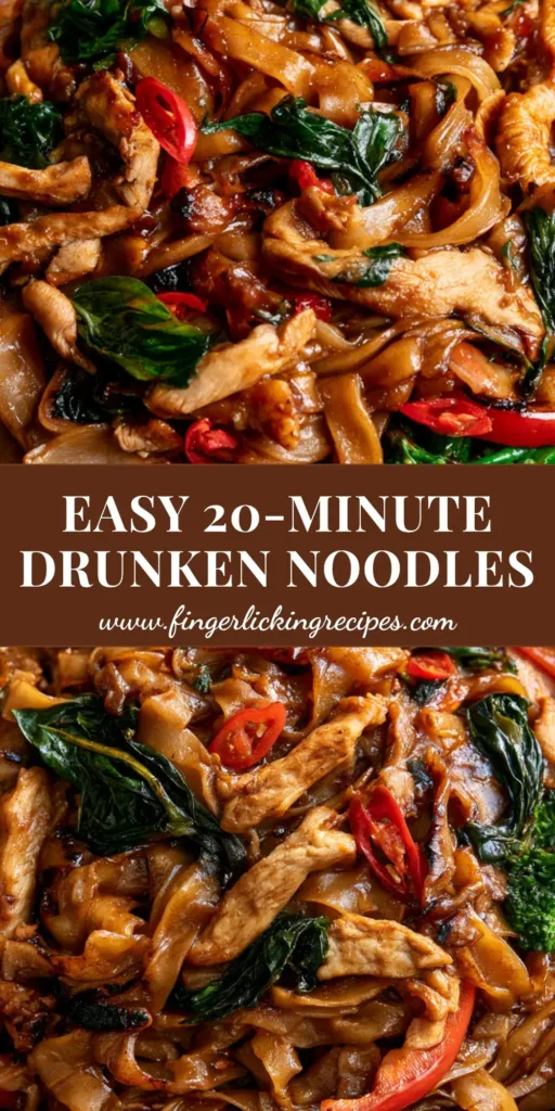Thai Drunken Noodles: The Ultimate Spicy Wok-Seared Street Style Recipe 5 A top-down close-up of Thai Drunken Noodles showing charred wide rice noodles, seared chicken, and vibrant red chilies in a dark ceramic bowl. (Thai Drunken Noodles)