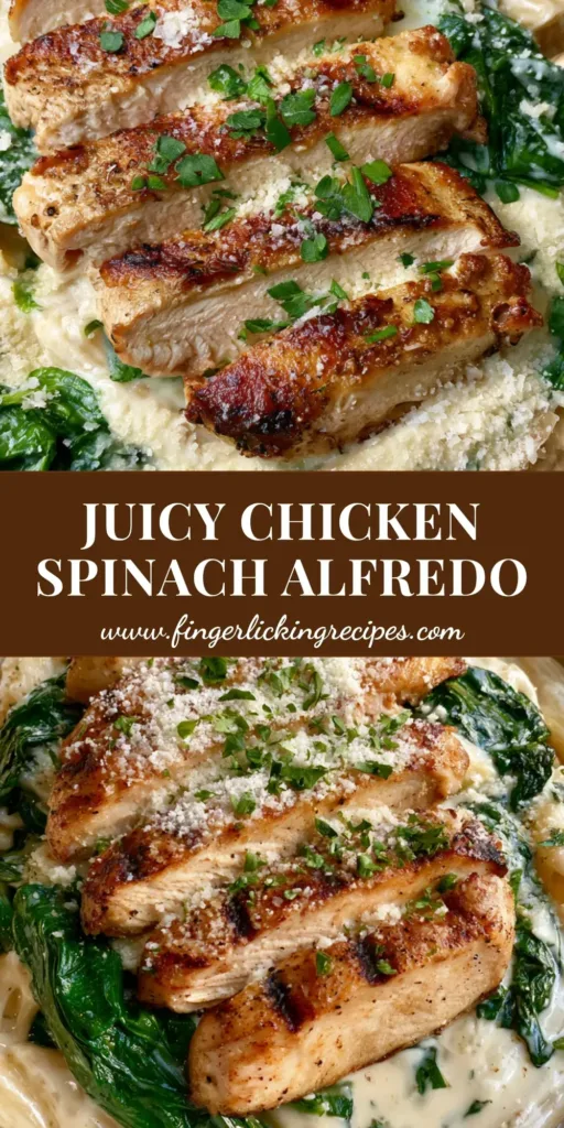 Chicken Spinach Alfredo Pasta: The Ultimate Creamy Restaurant-Style Guide 4 A close-up shot of Chicken Spinach Alfredo Pasta in a white bowl, featuring seared chicken with grill marks and wilted spinach in a creamy sauce.