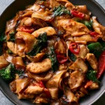 Thai Drunken Noodles: The Ultimate Spicy Wok-Seared Street Style Recipe Wide, flat rice noodles deeply stained with dark soy sauce and mixed with wilted Thai basil and red peppers. (Thai Drunken Noodles)