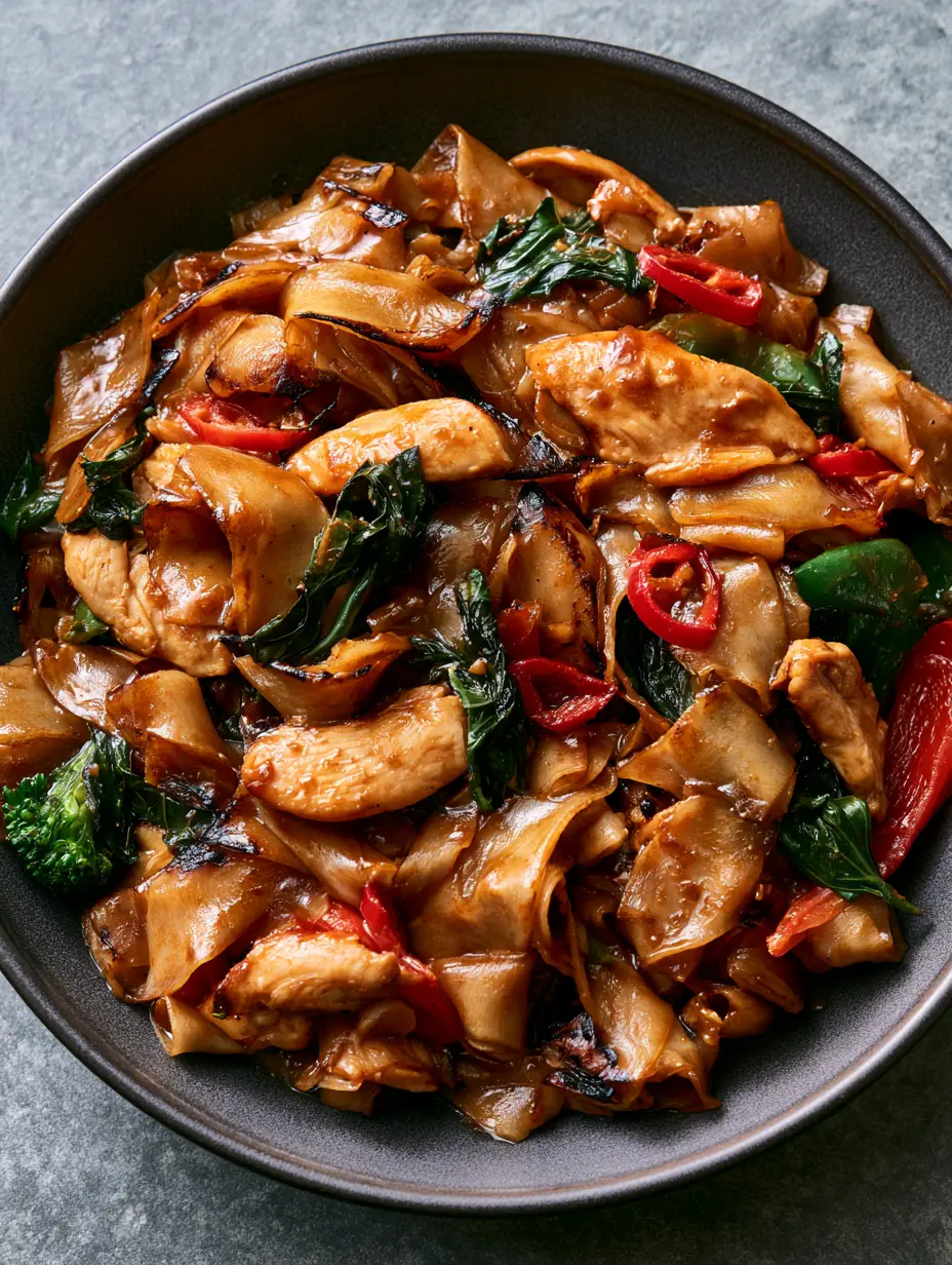 Thai Drunken Noodles: The Ultimate Spicy Wok-Seared Street Style Recipe 4 Wide, flat rice noodles deeply stained with dark soy sauce and mixed with wilted Thai basil and red peppers. (Thai Drunken Noodles)