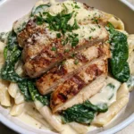 A shallow white bowl of Chicken Spinach Alfredo Pasta with succulent chicken slices and glossy sauce under natural light.