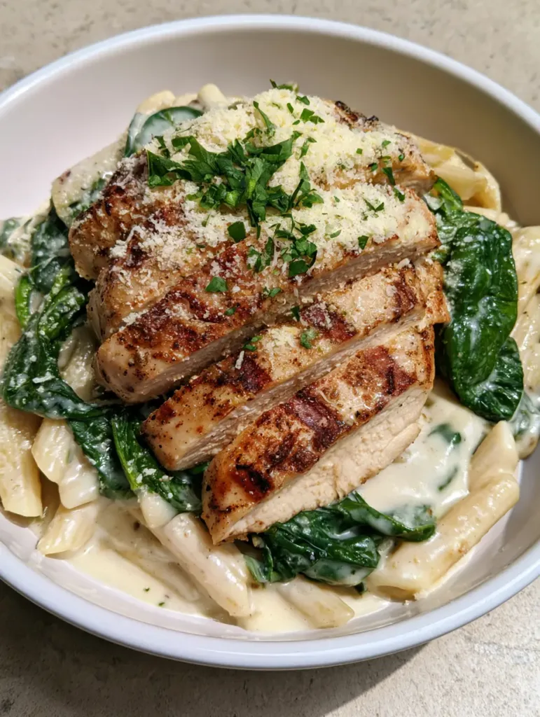 Chicken Spinach Alfredo Pasta: The Ultimate Creamy Restaurant-Style Guide 3 A shallow white bowl of Chicken Spinach Alfredo Pasta with succulent chicken slices and glossy sauce under natural light.