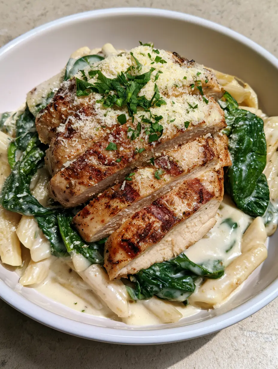 Chicken Spinach Alfredo Pasta: The Ultimate Creamy Restaurant-Style Guide 5 A shallow white bowl of Chicken Spinach Alfredo Pasta with succulent chicken slices and glossy sauce under natural light.