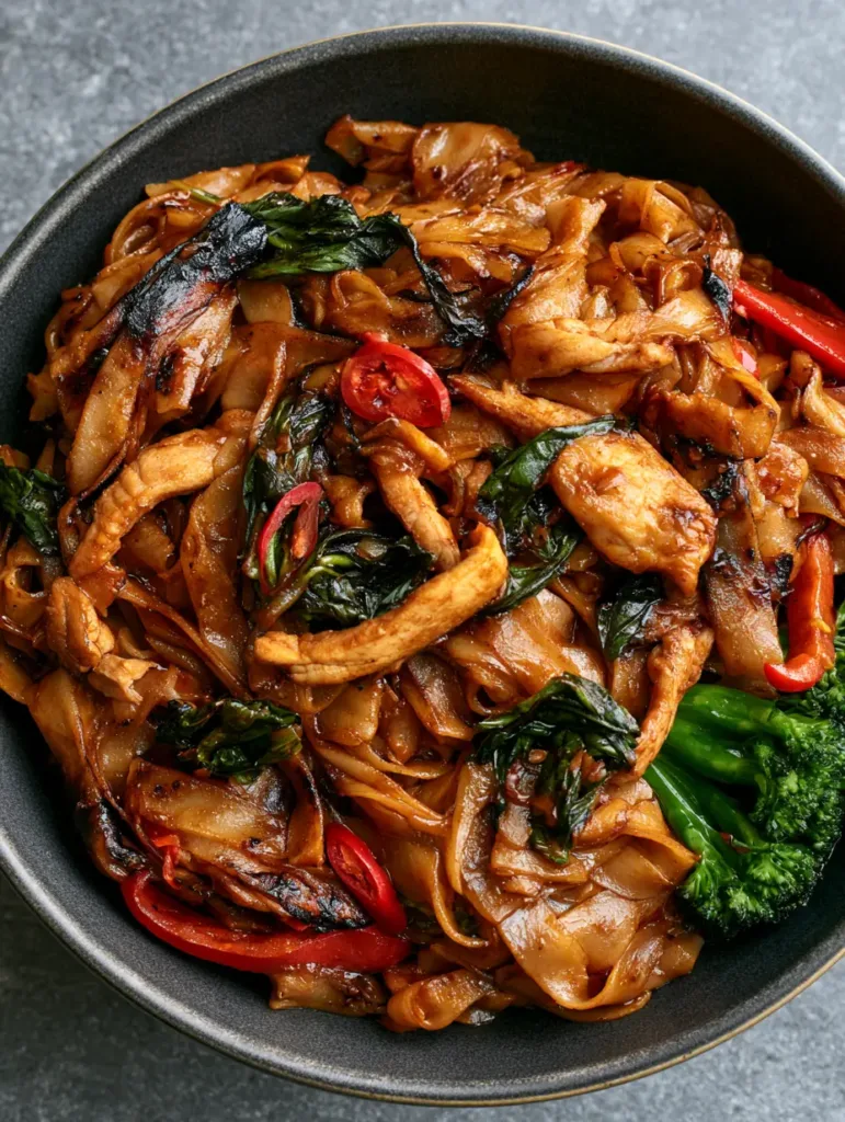 Thai Drunken Noodles: The Ultimate Spicy Wok-Seared Street Style Recipe 2 Detailed view of seared chicken breast slices and bright green Chinese broccoli in a bowl of Thai Drunken Noodles.