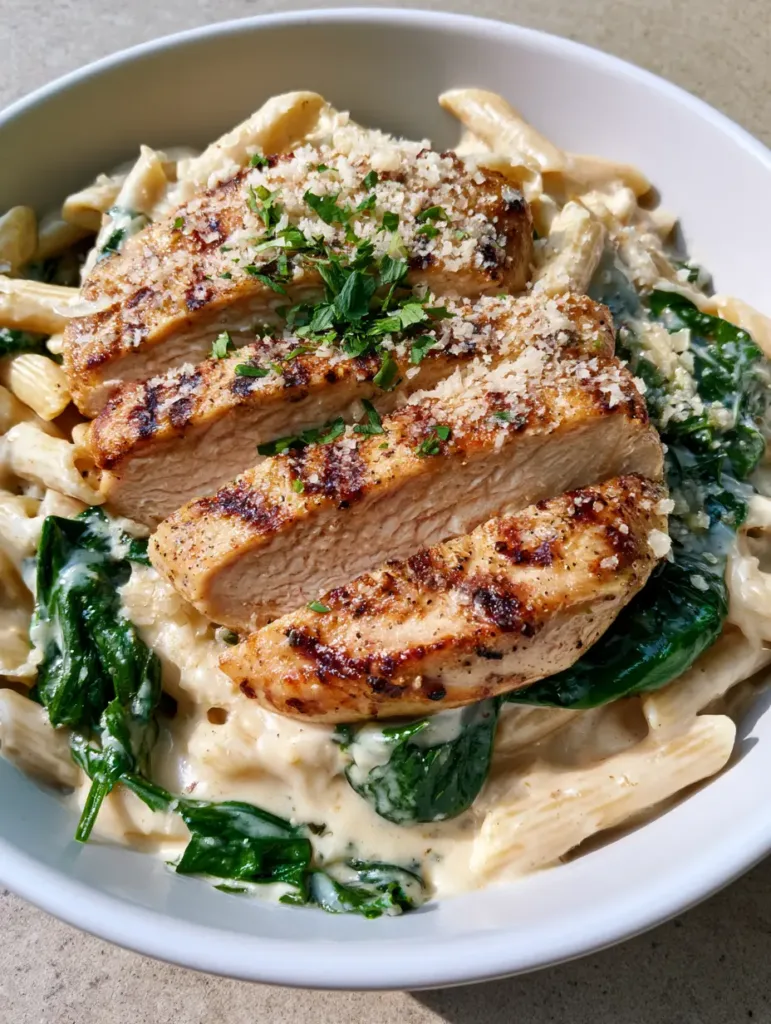 Chicken Spinach Alfredo Pasta: The Ultimate Creamy Restaurant-Style Guide 2 Handheld smartphone photo of Chicken Spinach Alfredo Pasta with fresh parsley and parmesan garnish.