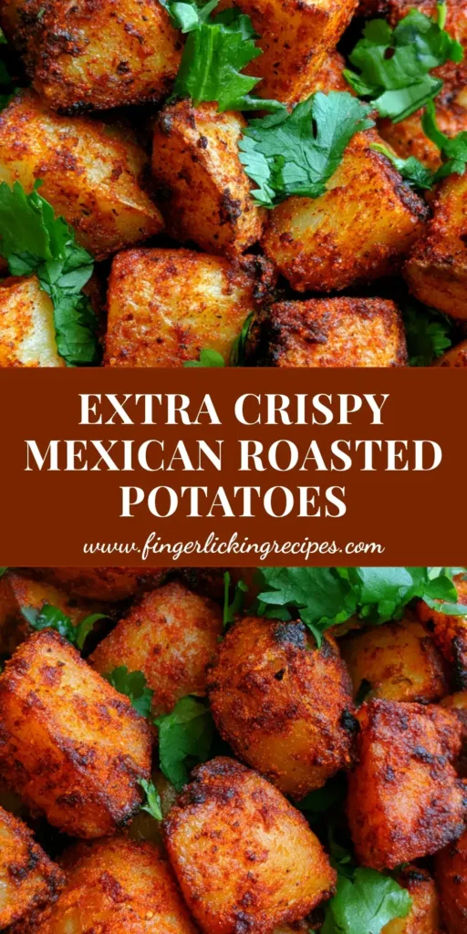 A pile of Mexican Roasted Potatoes with a thick red chili spice crust and charred edges, garnished with torn cilantro. (Mexican Roasted Potatoes)