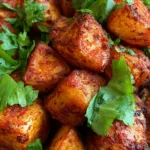 Extreme close-up of roasted potato cubes with a vibrant red-orange spice coating and visible grains of chili powder. (Mexican Roasted Potatoes)