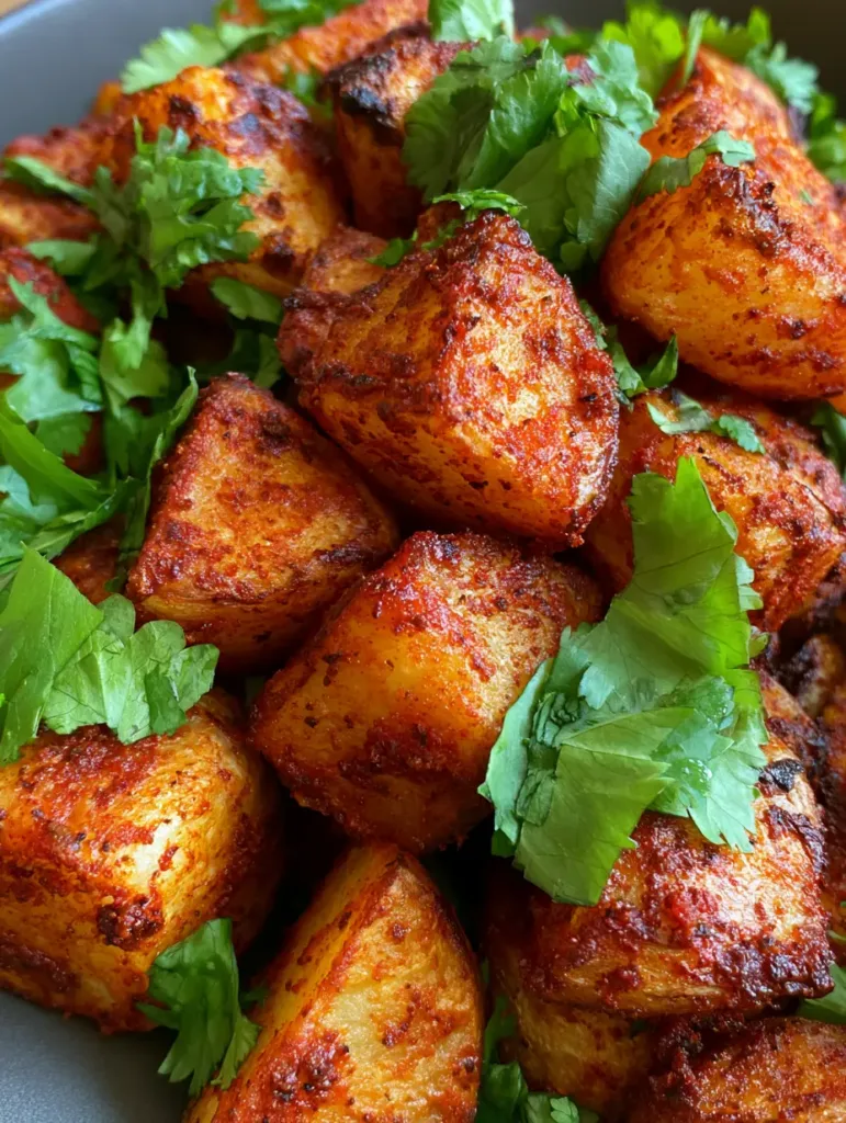 Extreme close-up of roasted potato cubes with a vibrant red-orange spice coating and visible grains of chili powder. (Mexican Roasted Potatoes)